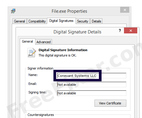 Screenshot of the Conexant Systems LLC certificate